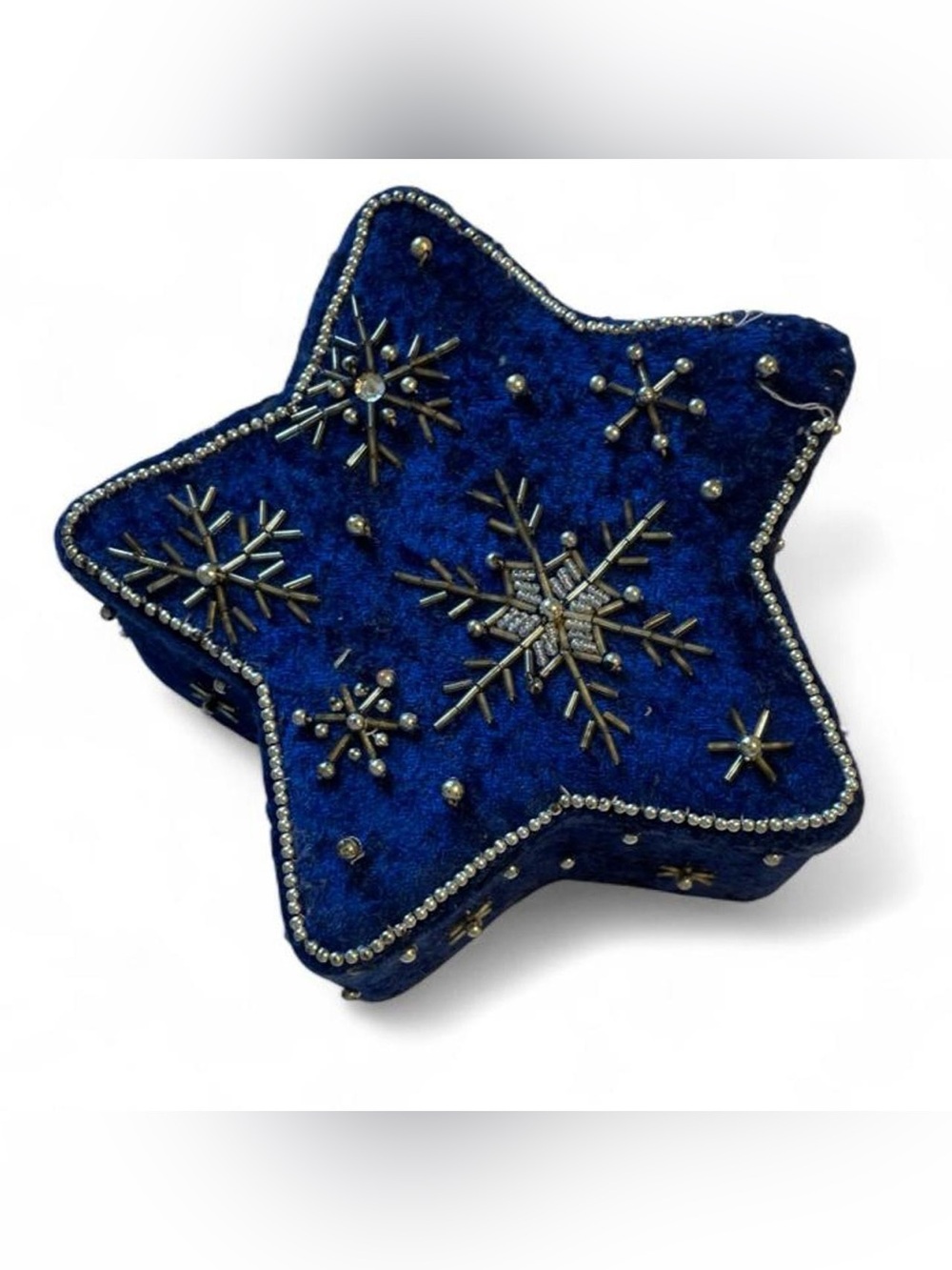 Vintage Blue Velvet Beaded Star Snowflake Lidded Box China Made Silver Winter